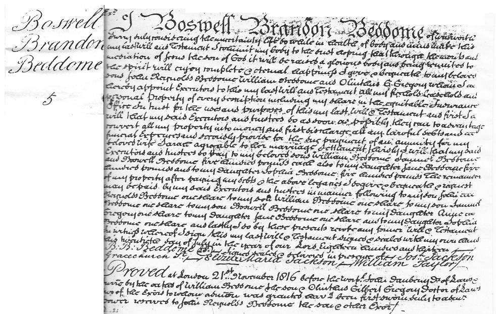 Will of Boswell Brandon Beddome, died 1816