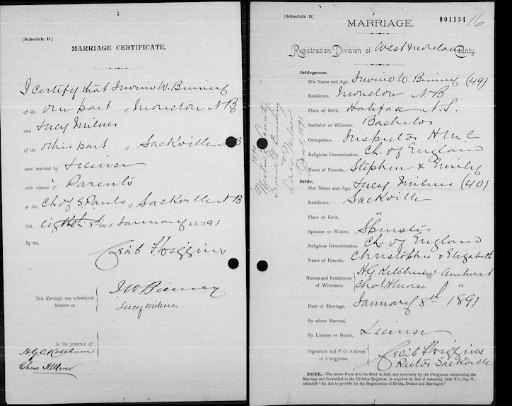 Marriage certificate of Irwine Binney and Lucy Milner 1891