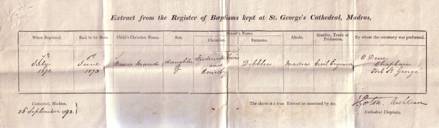 Baptism certificate of Bessie Maud Dibblee