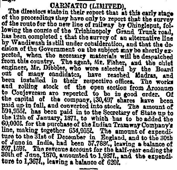 Times clipping about Carnatic Railway