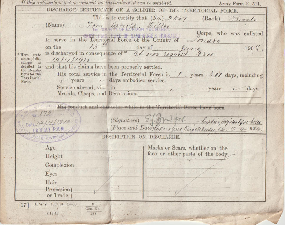 T A Dibblee Territorial Army discharge