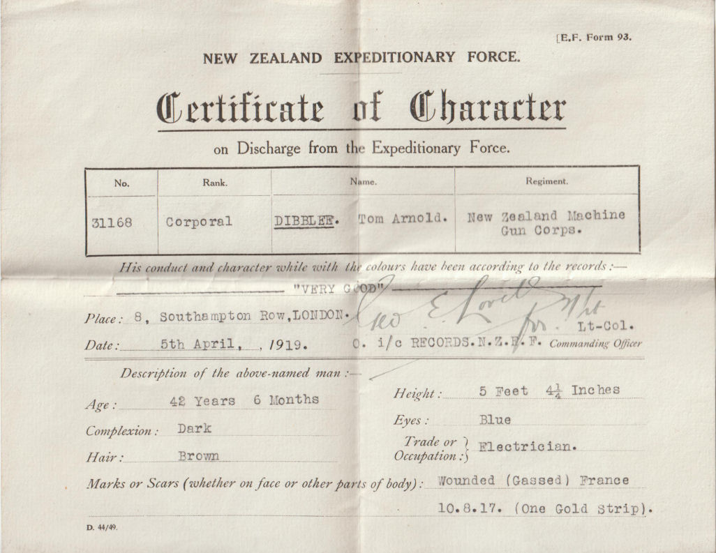T A Dibblee Certificate of Character on Discharge