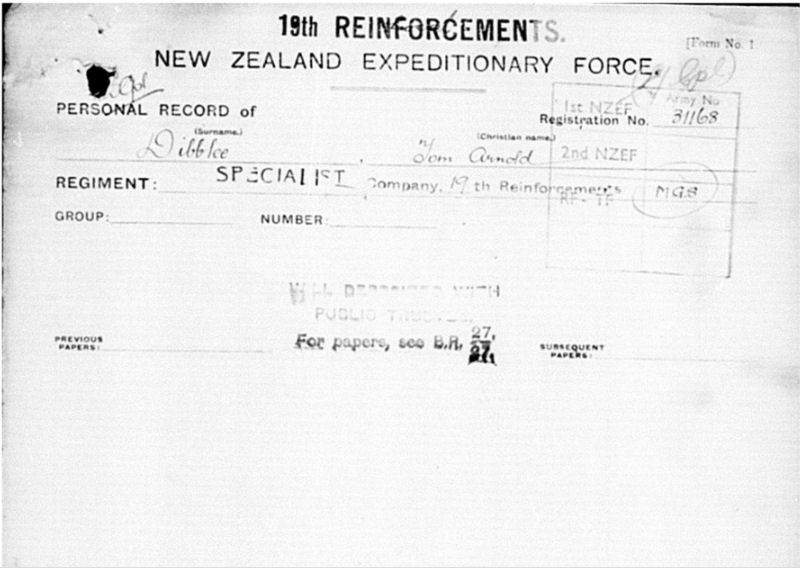 Army record of Tom Arnold Dibblee