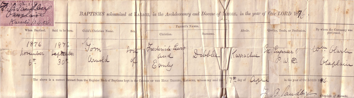 Baptism certificate of Tom Arnold Dibblee