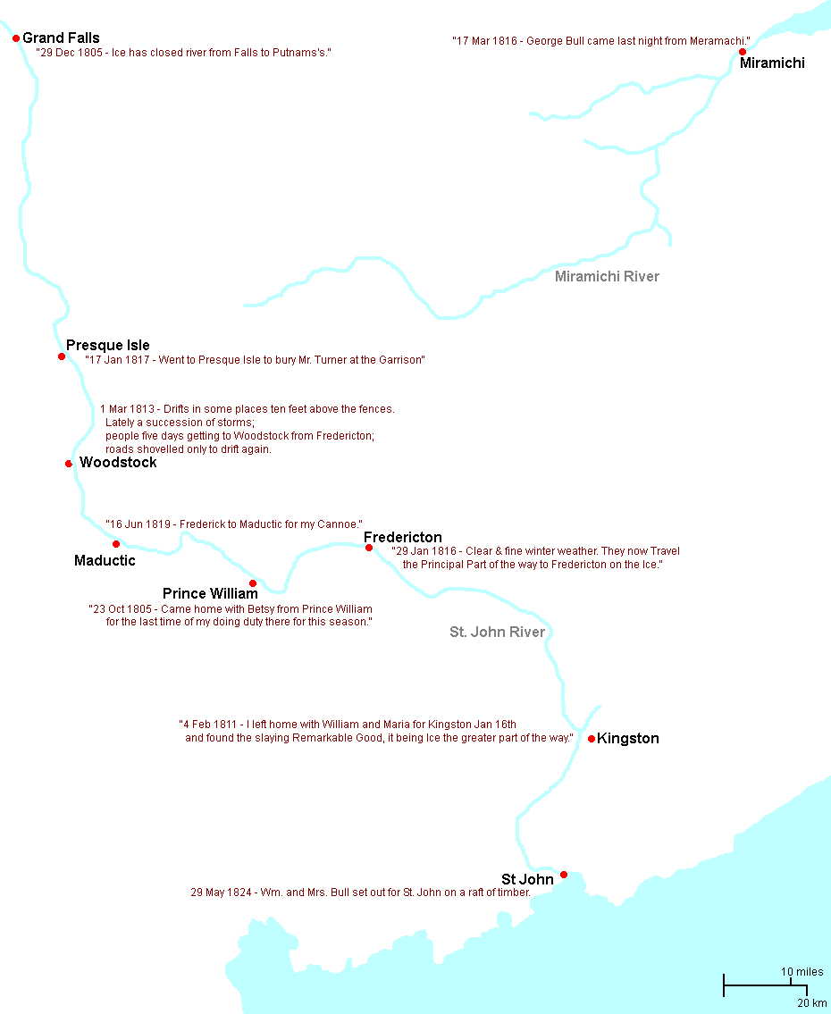 Map of places mentioned in Rev. Frederick Dibblee's diary