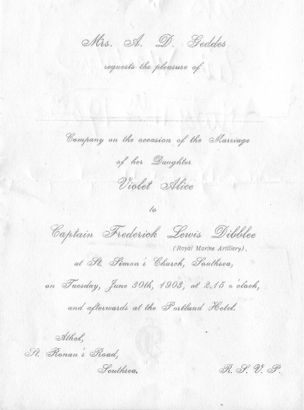 Invitation to the wedding of Frederick and Violet Dibblee