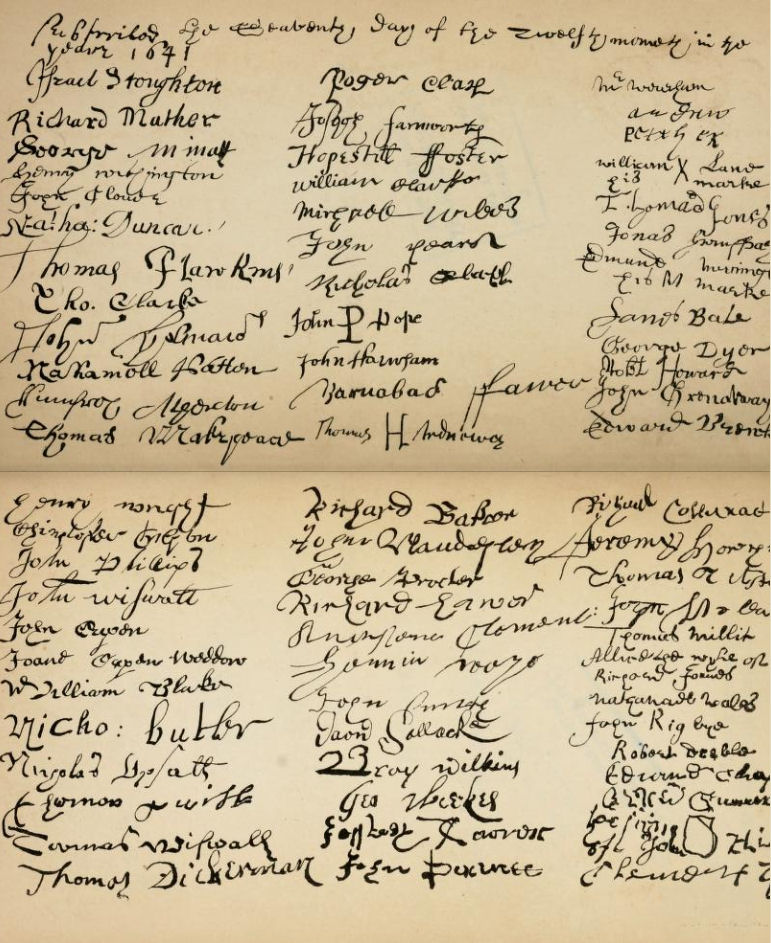 Signatures to Free School funding document featuring Robert Deeble, 1642