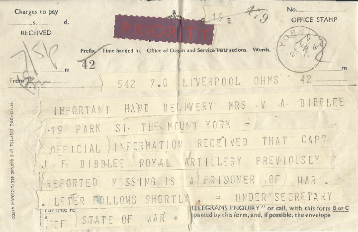 Telegram saying that John Dibblee had been taken prisoner