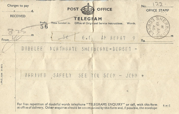 Telegram saying that John Dibblee was home