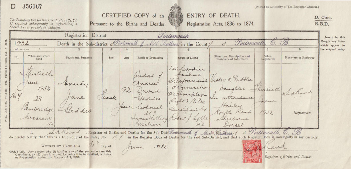 Emily Geddes death certificate