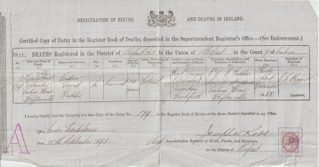 Andrew Geddes death certificate