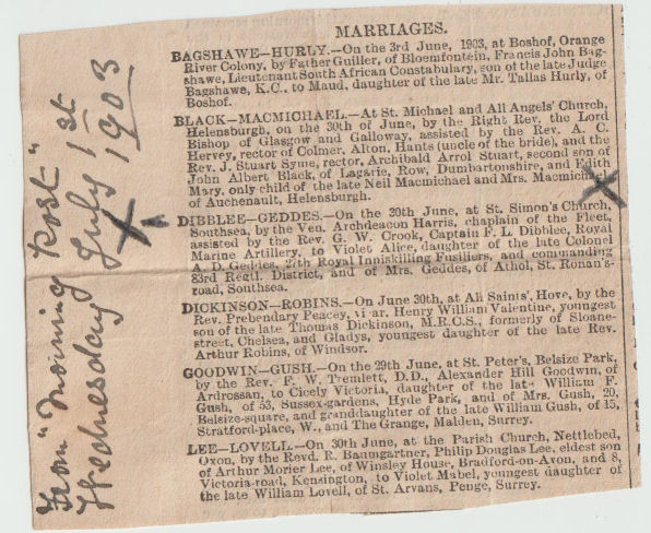 Wedding of Frederick Dibblee and Violet Geddes