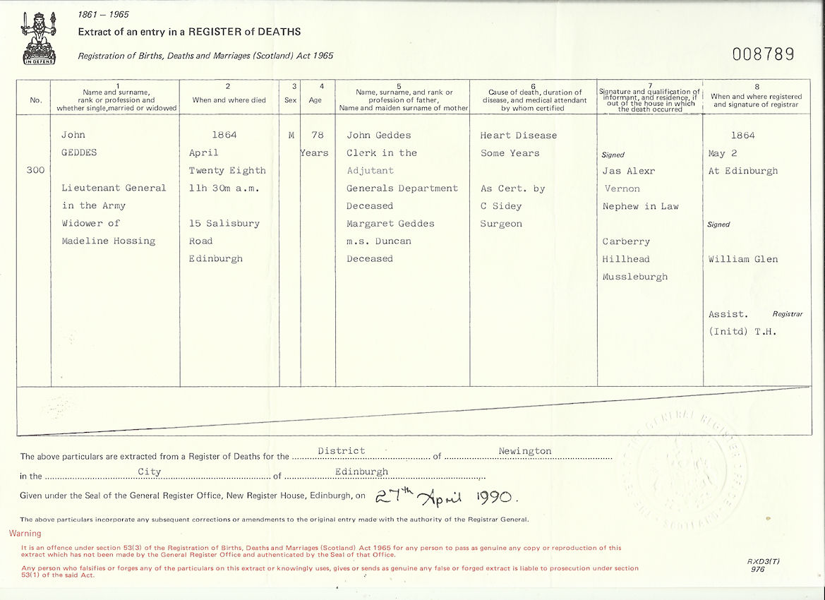 John Geddes IV death certificate