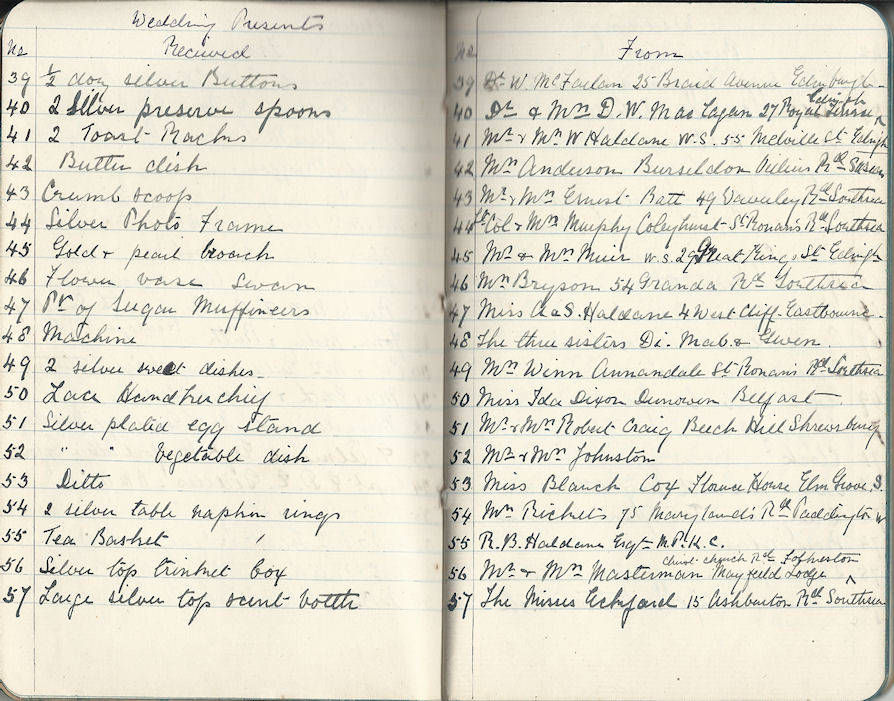 Wedding presents of Violet Geddes and Frederick Dibblee