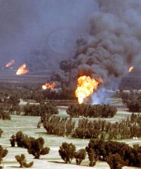 Kuwaiti oil wells set alight by retreating Iraqi forces in the Gulf War, 1991