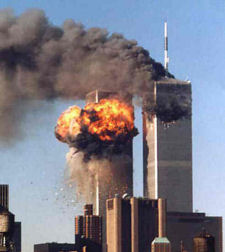 Twin towers of the World Trade Center attacked in 2001