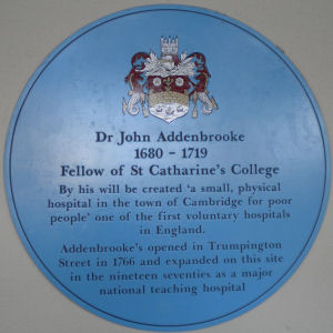 Blue plaque about Dr John Addenbrooke