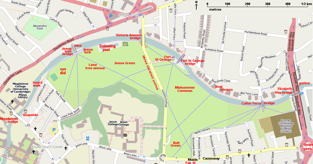 Map of River Cam from Elizabeth Way to Magdalene Bridge